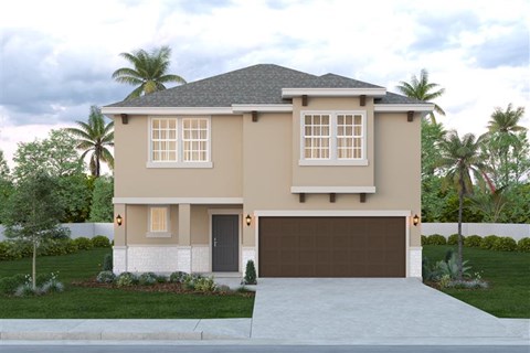 A two-story house with a garage and a driveway.